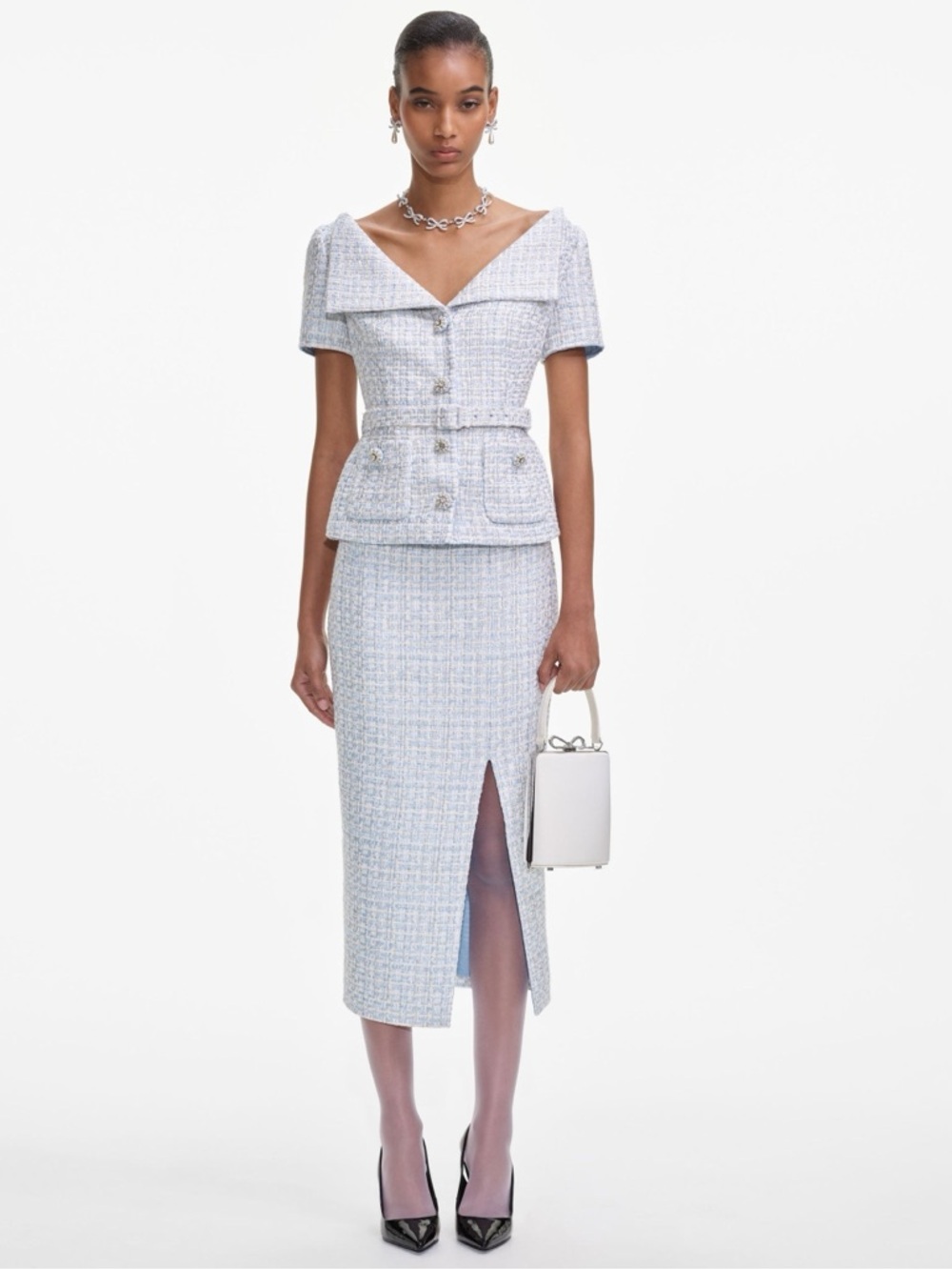 NWOT Self-Portrait Belted Embellished Bouclé Midi Dress